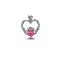 Claddagh Heart Diamond & October Birthstone Pink CZ Rope Pendant/Necklace in Sterling Silver
