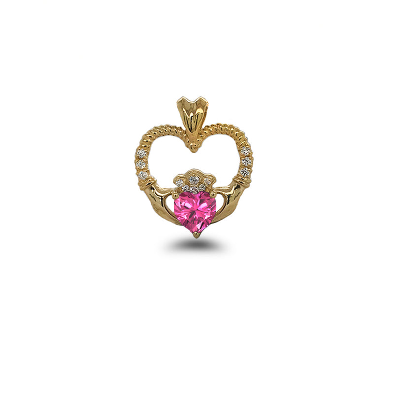 Claddagh Heart Diamond & October Birthstone Pink CZ Rope Pendant/Necklace in Solid Gold