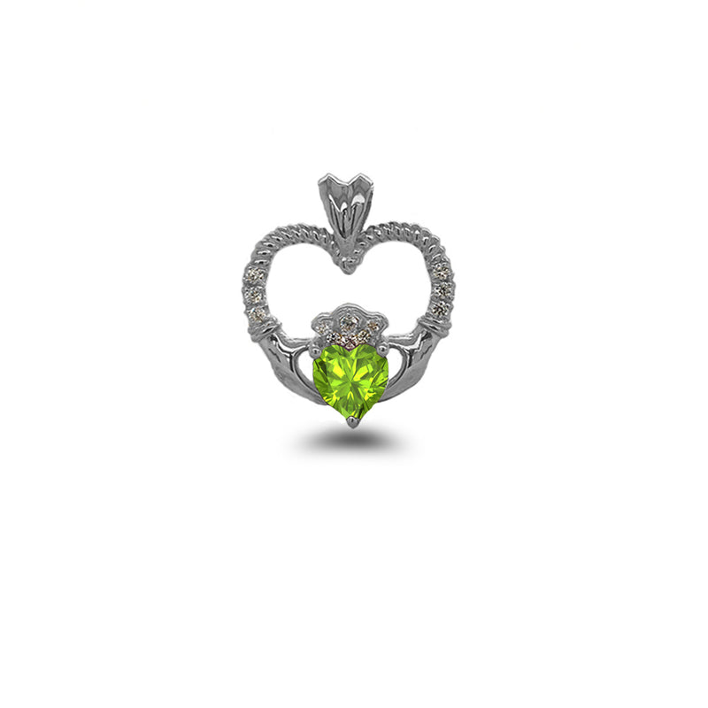 Claddagh Heart Diamond & Genuine Peridot Rope Pendant/Necklace in Sterling Silver