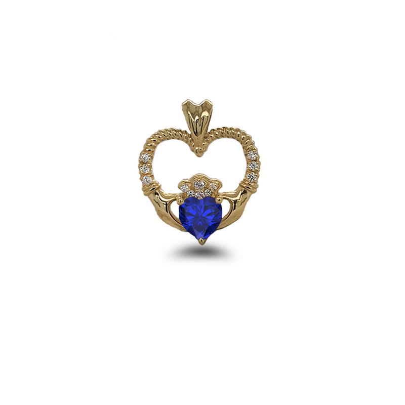 Claddagh Heart Diamond & September Birthstone Blue CZ Rope Pendant/Necklace in Solid Gold