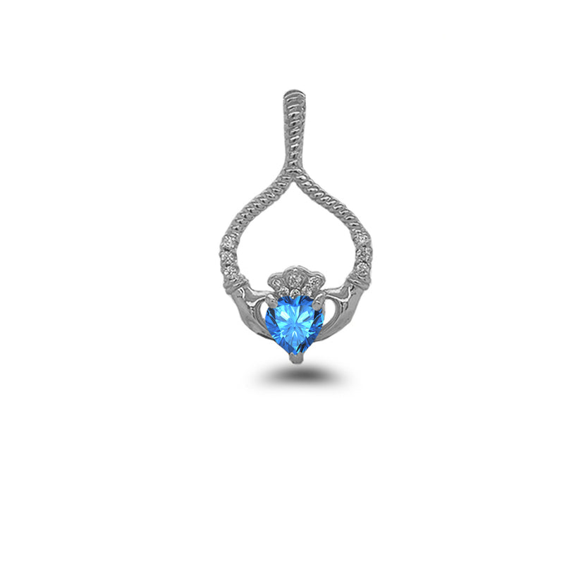 Claddagh Diamond & Blue Topaz Rope Design Pendant/Necklace in Sterling Silver