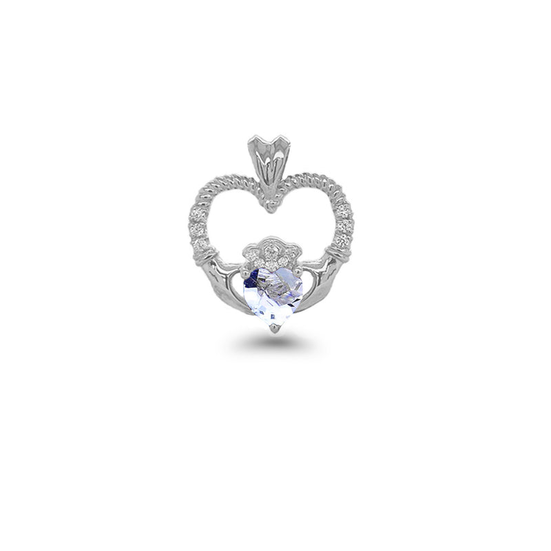 Claddagh Heart Diamond & Aquamarine Stone Rope Pendant/Necklace in Sterling Silver