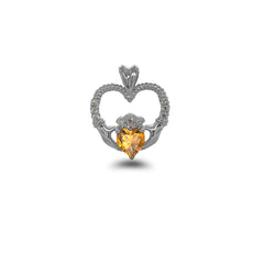 Claddagh Heart Diamond & Genuine Citrine Rope Pendant/Necklace in Solid Gold