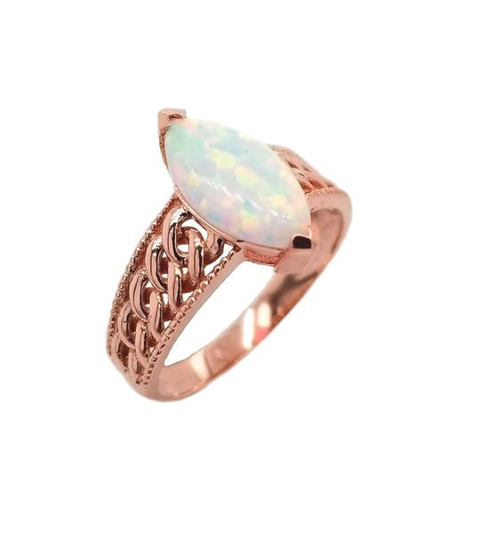 White Opal Statement Oval Ring In Solid Rose Gold