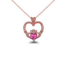 Claddagh Heart Diamond & October Birthstone Pink CZ Rope Pendant/Necklace in Solid Gold
