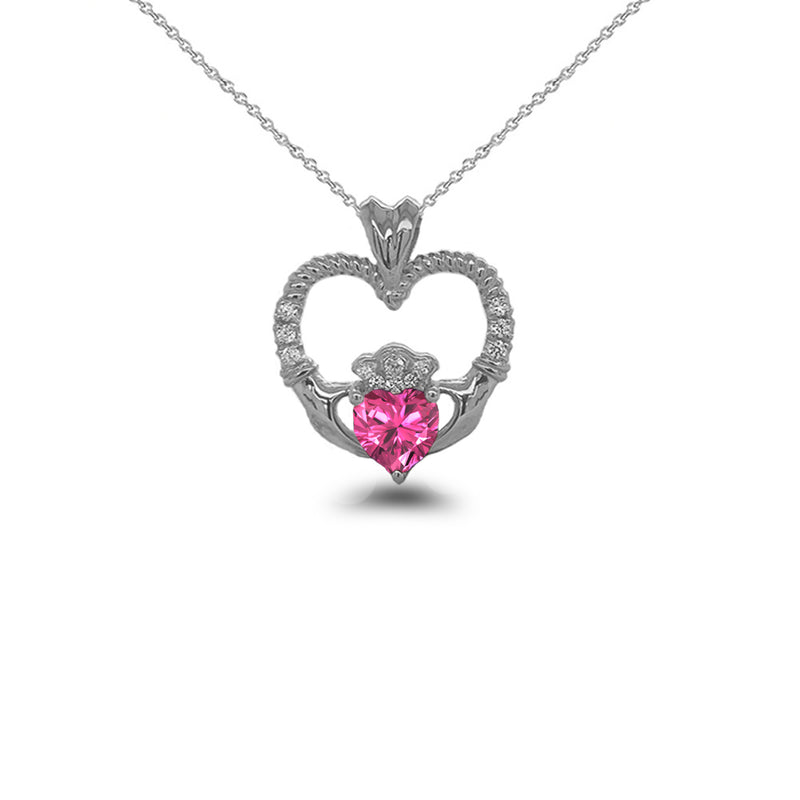 Claddagh Heart Diamond & October Birthstone Pink CZ Rope Pendant/Necklace in Sterling Silver