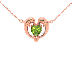 Dolphin Duo Open Heart-Shaped Genuine Birthstone Necklace in Rose Gold