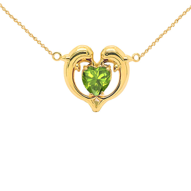 Dolphin Duo Open Heart-Shaped Genuine Birthstone Necklace in Yellow Gold