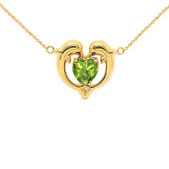 Dolphin Duo Open Heart-Shaped Genuine Birthstone Necklace in Yellow Gold