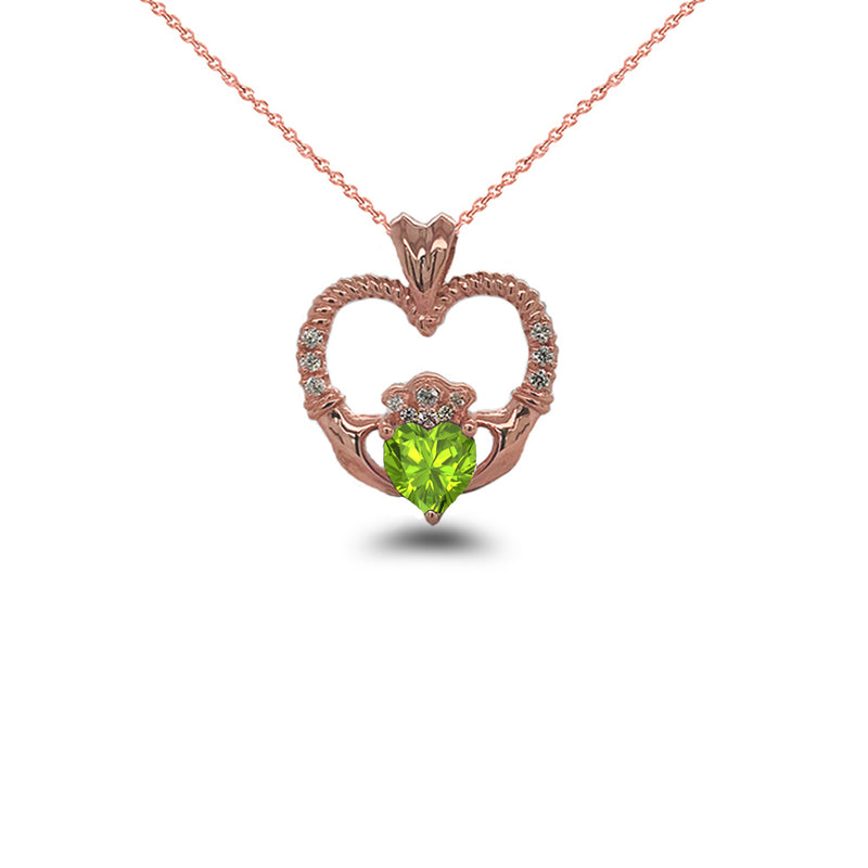 Claddagh Heart Diamond & Genuine Peridot Rope Pendant/Necklace in Sold Gold