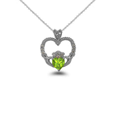 Claddagh Heart Diamond & Genuine Peridot Rope Pendant/Necklace in Sterling Silver