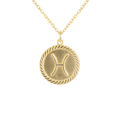 Reversible Pisces Zodiac Sign Charm Coin Pendant Necklace in Solid Gold