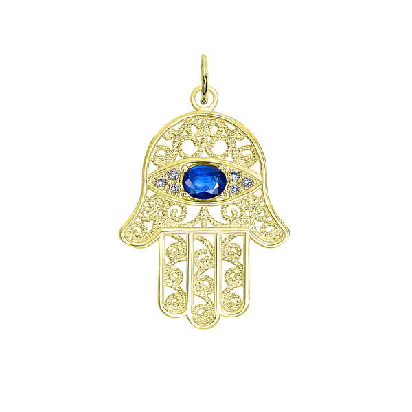 Blue Sapphire Evil Eye Hamsa Hand In Solid Gold | Takar Jewelry