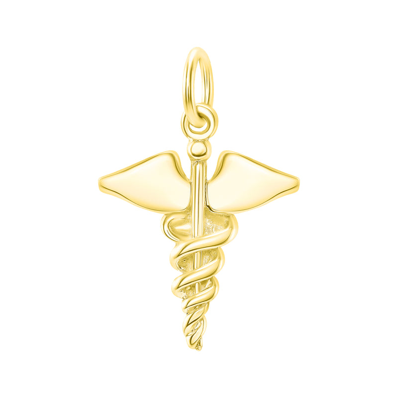 Dainty Caduceus Medical Symbol Charm Pendant Necklace in Solid Gold