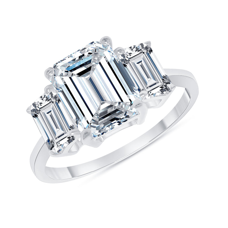 Emerald Cut 3 Stone Engagement Ring in Sterling Silver