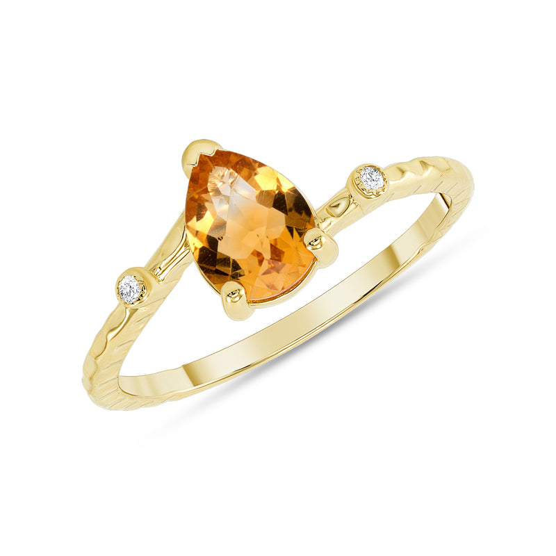 Pear Shape Genuine Citrine and Diamond Stackable Ring in Solid Gold