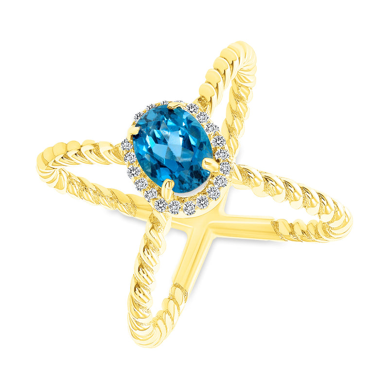 Diamond and Genuine Blue Topaz Criss Cross Statement Ring in Yellow Gold