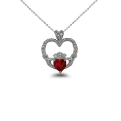 Claddagh Heart Diamond & July Birthstone Red CZ Rope Pendant/Necklace in Sterling Silver