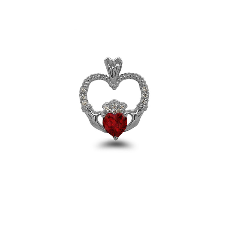 Claddagh Heart Diamond & July Birthstone Red CZ Rope Pendant/Necklace in Sterling Silver