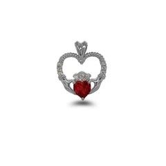 Claddagh Heart Diamond & July Birthstone Red CZ Rope Pendant/Necklace in Solid Gold