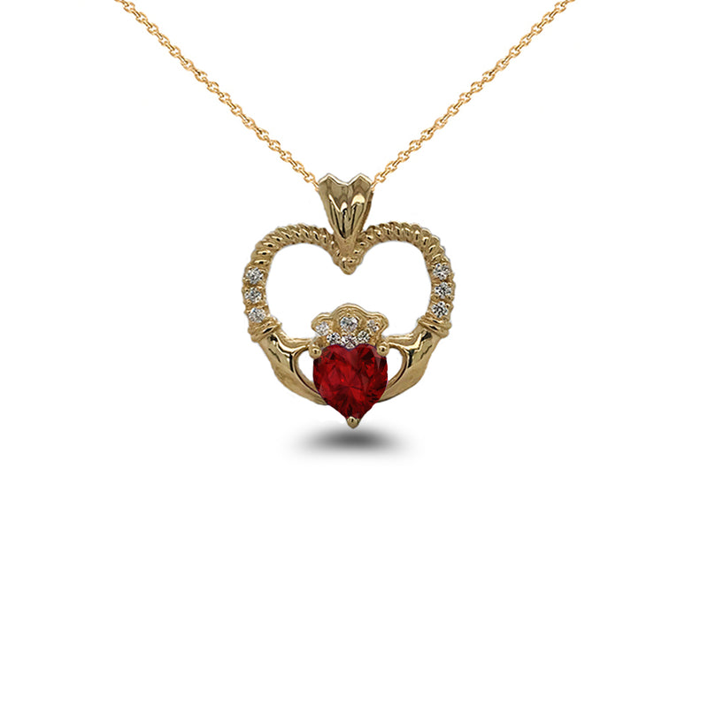 Claddagh Heart Diamond & July Birthstone Red CZ Rope Pendant/Necklace in Solid Gold