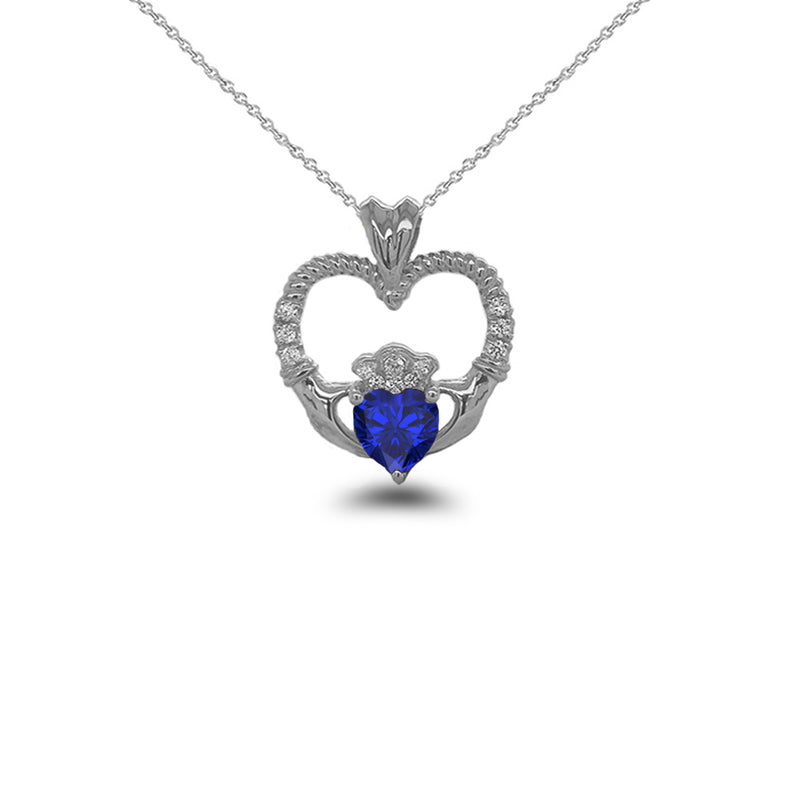 Claddagh Heart Diamond & September Birthstone Blue CZ Rope Pendant/Necklace in Sterling Silver