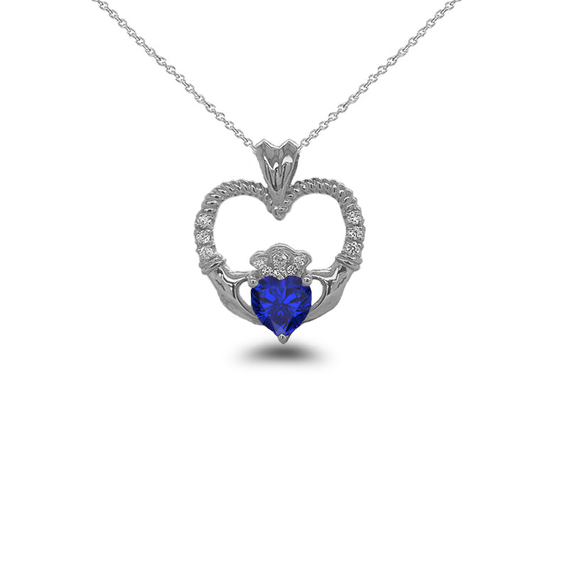 Claddagh Heart Diamond & September Birthstone Blue CZ Rope Pendant/Necklace in Solid Gold