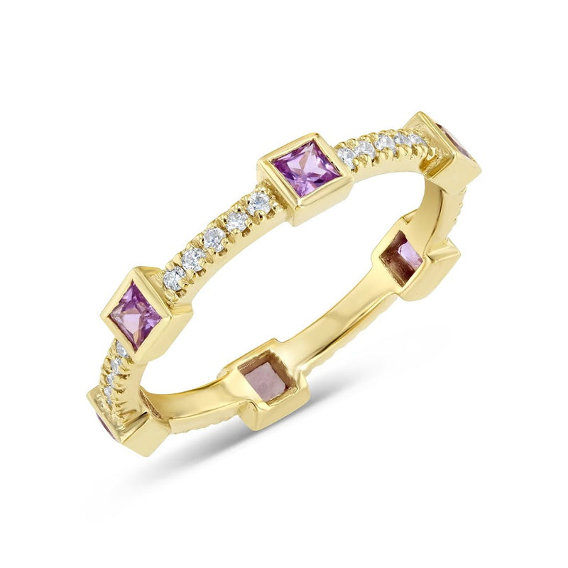 Diamond and Genuine Pink Sapphire Princess Stackable Ring In Solid Gold