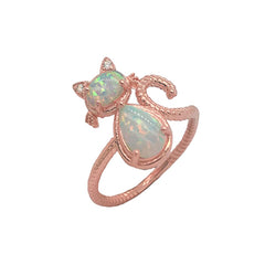 Dainty Opal and Diamond Cat Statement Rope Ring in Solid Gold