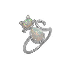 Dainty Opal and Diamond Cat Statement Rope Ring in Sterling Silver