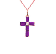 Dainty Emerald-Cut Genuine Birthstone Cross Pendant Necklace in Solid Gold