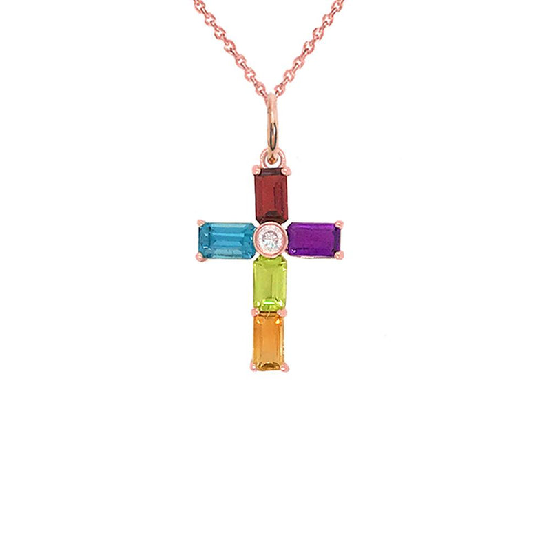 Dainty Emerald-Cut Genuine Birthstone Cross Pendant Necklace in Solid Gold