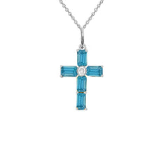 Cross Pendant Necklace with Genuine Blue Topaz in Sterling Silver