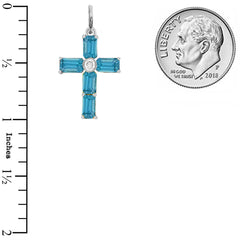 Cross Pendant Necklace with Genuine Blue Topaz in Sterling Silver