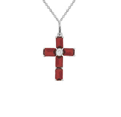 Dainty Emerald-Cut Genuine Birthstone Cross Pendant Necklace in Sterling Silver (Available in 7 Birthstones)