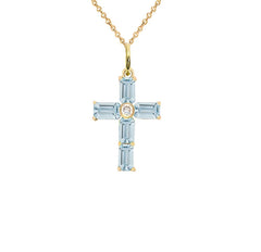 Dainty Emerald-Cut Genuine Birthstone Cross Pendant Necklace in Solid Gold