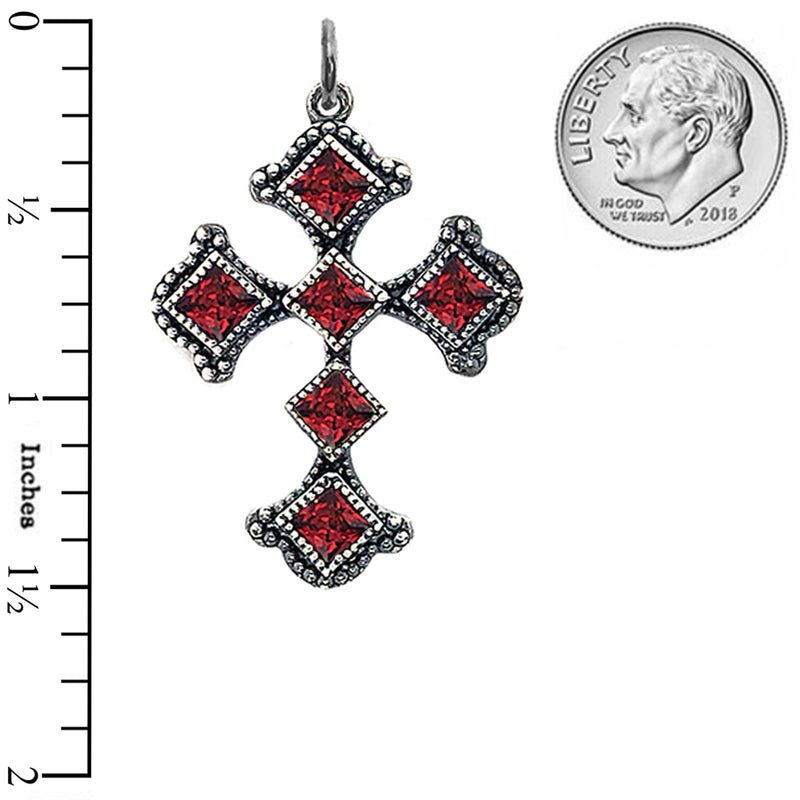 Vintage Sterling Silver Heraldic Cross Pendant Necklace with Genuine Birthstone