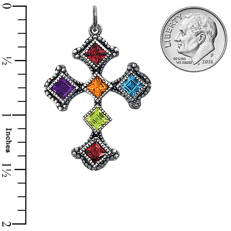 Vintage Sterling Silver Heraldic Cross Pendant Necklace with Multi-Color Stones