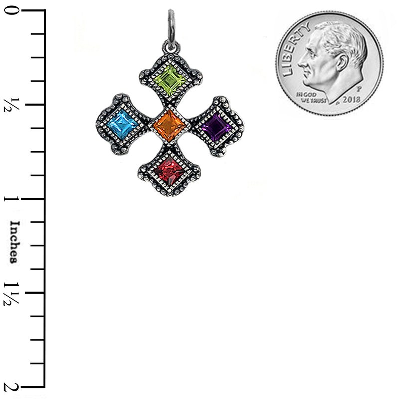 Vintage Sterling Silver Heraldic Cross Charm Pendant Necklace with Multi-Color Stones