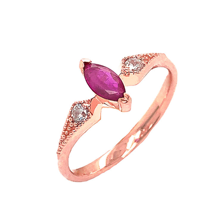 Marquise-Shaped Genuine Ruby and White Topaz Engagement/Promise Ring in Rose Gold
