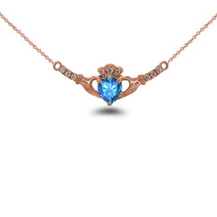 Claddagh Diamond & Genuine Blue Topaz Heart Necklace in Solid Gold