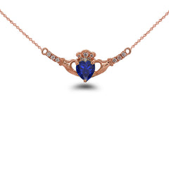 Claddagh Diamond & September Birthstone Heart Necklace in Solid Gold