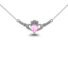 Claddagh Diamond & October Birthstone Heart Necklace in Solid Sterling Silver