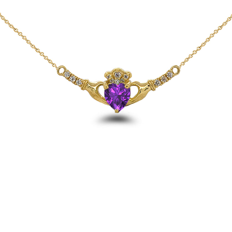 Claddagh Diamond & Genuine Amethyst Heart Necklace in Solid Gold