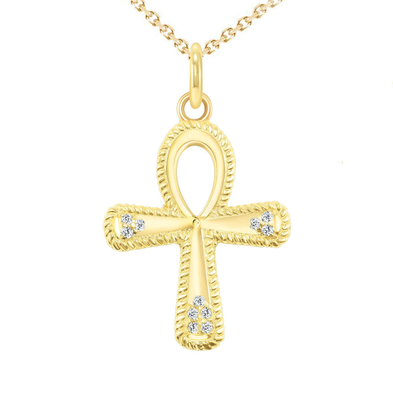 CZ Ankh Cross Pendant Necklace in Solid Gold