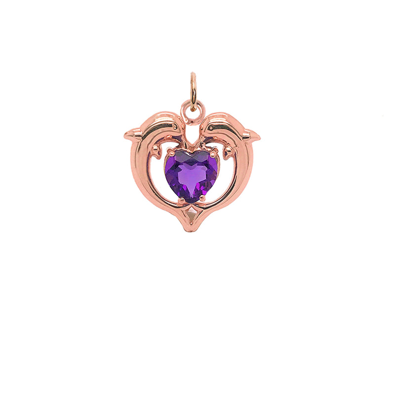 Dolphin Duo Open Heart-Shaped Amethyst Pendant Necklace in Gold