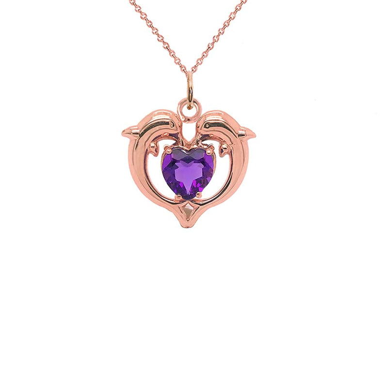 Dolphin Duo Open Heart-Shaped Amethyst Pendant Necklace in Gold
