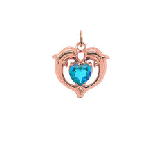 Dolphin Duo Open Heart-Shaped Blue Topaz Pendant Necklace in Gold