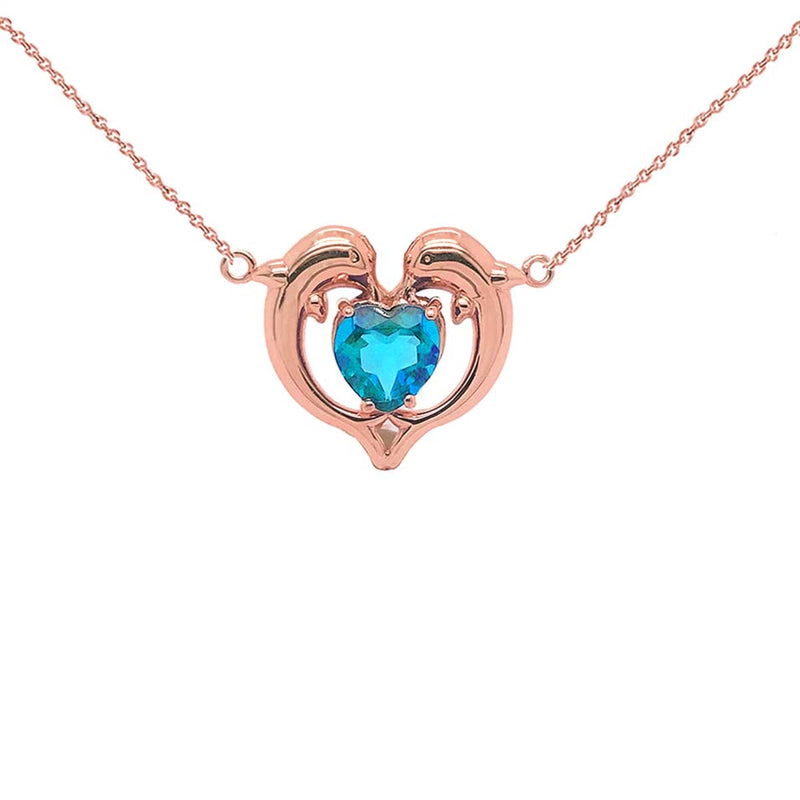 Dolphin Duo Open Heart-Shaped Genuine Birthstone Necklace in Rose Gold