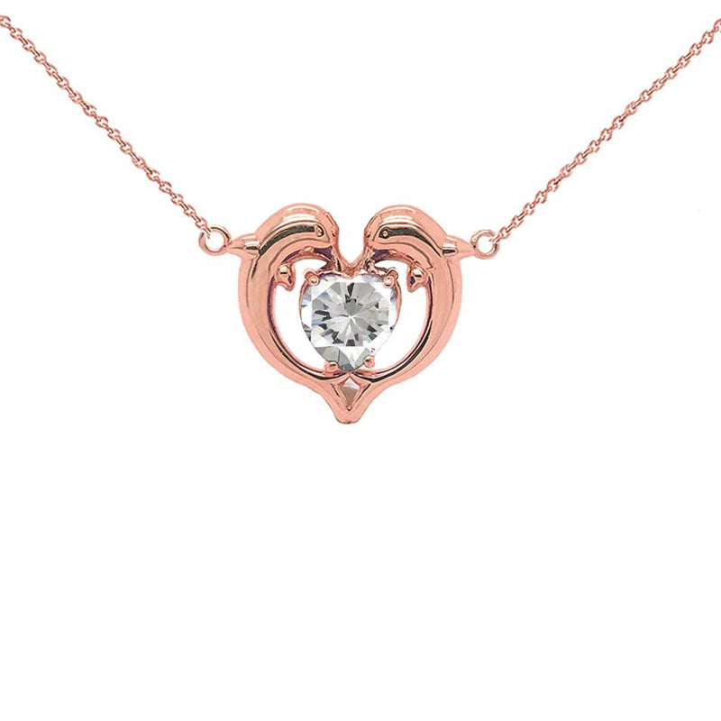 Dolphin Duo Open Heart-Shaped Birthstone CZ Necklace in Rose Gold